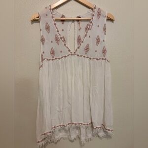 Free People White and Pink Embroidered Sleeveless Blouse, Size M